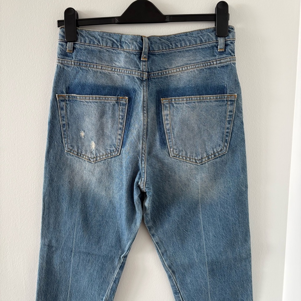 Zara Premium Denim Deconstructed Slanted Waistband Mid Blue Jeans Size US 6 NWOT - Picture 5 of 11